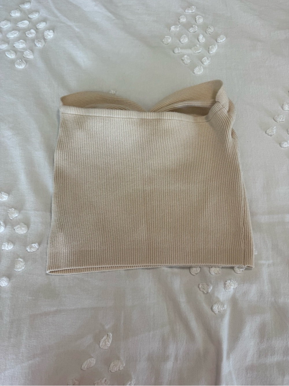 Amazon Beige Twist-Knot Ribbed Strapless Crop Top - Picture 2 of 2